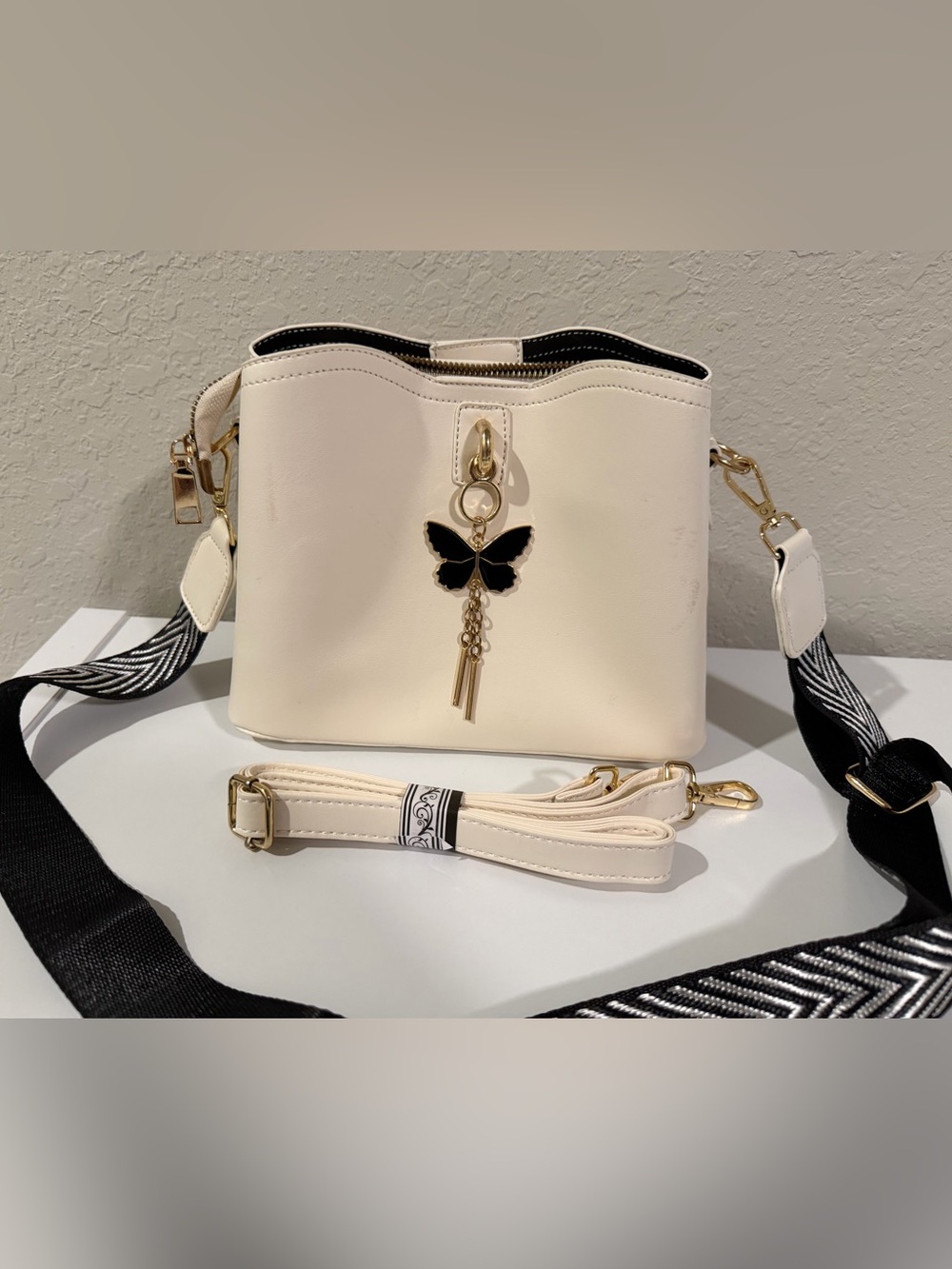 Cream Butterfly Charm Crossbody Bag with Adjustable Straps